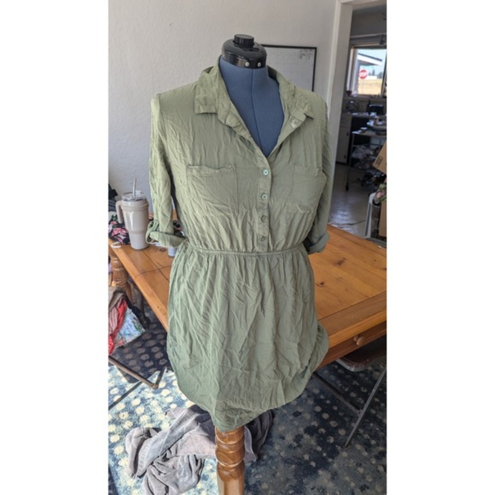Olive Green Shirt Dress Roll Tab Long Sleeve‎ Elastic Waist Casual